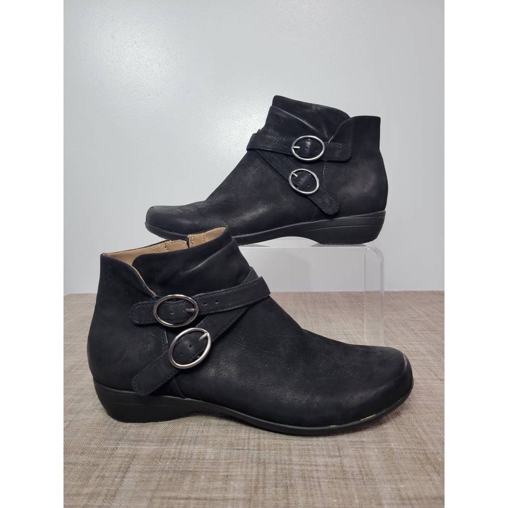 Dansko Faithe Black Leather Double Buckle Ankle Boots Side Zip Wedge US 8.5-9